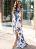 Robe Longue Imprimé Fleurie Femme avec Bretelles à Col Rond Coupe Cintrée avec Fente Robe de Plage Robe Eté Robe Maxi