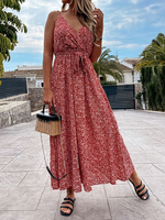 Robe Longue Imprimé Fleurie Femme avec Bretelles à Col V Coupe Cintrée à Lacets Bas Evasée Bicolores Robe Maxi