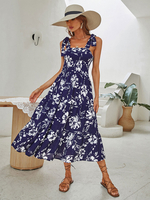 Robe Longue Imprimé Fleurie Femme avec Bretelles à Lacets Coupe Cintrée Bas Evasée Bicolores Robe Maxi