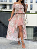 Robe Longue Imprimé Fleurie Femme avec Bretelles avec Epaule Dénudée Coupe Cintrée Elastique Bas Evasée Bicolores Robe Maxi