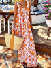 Robe Longue Imprimé Fleurie Femme avec Bretelles Volantes à Col Carré Bas Evasée Bicolores Robe Maxi Robe Eté