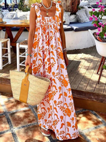 Robe Longue Imprimé Fleurie Femme avec Bretelles Volantes à Col Carré Bas Evasée Bicolores Robe Maxi Robe Eté