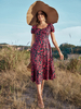 Robe Longue Imprimé Fleurie Femme avec Manches Courtes Amples à Col V Coupe Cintrée Bas Evasée