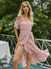 Robe Longue Imprimé Fleurie Femme avec Manches Courtes Amples avec Epaule Dénudée Coupe Cintrée avec Fente