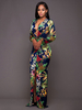 Robe Longue Imprimé Fleurie Femme avec Manches Longues à Col Décolleté en V Coupe Cintrée avec Fente Bicolores Robe de Plage Robe Eté
