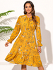 Robe Longue Imprimé Fleurie Femme en Mousselines à Col Rond à Lacets avec Manches Longues Amples Coupe Cintrée Elastique Bas Evasée Bicolores Robe Eté Robe de Plage