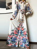 Robe Longue Imprimé Fleurie Femme en Satin avec Manches Longues Amples à Col Revers Coupe Cintrée avec Ceinture Robe Maxi