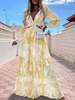 Robe Longue Imprimé Fleurie Femme Eté avec Manches Longues Amples à Col Décolleté en V Coupe Cintrée Evasée Bicolores Robe de Plage Robe Maxi
