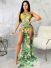 Robe Longue Imprimé Fleurie Femme Sexy à Col Décolleté avec Bretelles Coupe Cintrée avec Fente Bicolores Robe Longue Sexy