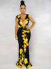 Robe Longue Imprimé Fleurie Femme Sexy à Col Décolleté avec Bretelles Coupe Cintrée Robe de Sirène Bicolores Robe Longue Sexy
