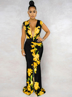 Robe Longue Imprimé Fleurie Femme Sexy à Col Décolleté avec Bretelles Coupe Cintrée Robe de Sirène Bicolores Robe Longue Sexy