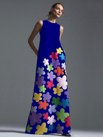 Robe Longue Imprimé Fleuries avec Bretelle à Col Rond avec Bretelles Coupe Cintrée Multicolores Robe Droite Robe de Plage