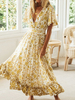 Robe Longue Imprimé Florale Femme Eté Sexy avec Manches Courtes à Col Décolleté en V Coupe Cintrée Bas Evasée Bicolores Robe de Plage Robe Sexy