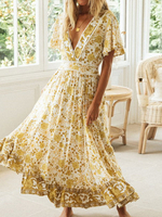 Robe Longue Imprimé Florale Femme Eté Sexy avec Manches Courtes à Col Décolleté en V Coupe Cintrée Bas Evasée Bicolores Robe de Plage Robe Sexy