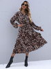 Robe Longue Imprimé Léopard à Col V avec Manches Longues Coupe Cintrée Bas Evasée Bicolores