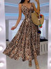 Robe Longue Imprimé Léopard avec Bretelles à Col V Coupe Cintrée Bas Evasée Bicolores Robe Femme