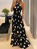 Robe Longue Imprimé Pois à Col Rond sans Manches Coupe Cintrée Bas Evasée avec Dos Nu Robe de Plage Robe Maxi Sexy