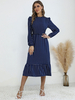 Robe Longue Imprimé Pois Femme à Col Rond avec Manches Longues Amples Coupe Cintrée Bas Evasée Bicolores