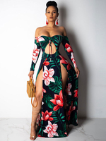 Robe Longue Imprimé Rayures à Col Décolleté avec Manches Longues Coupe Cintrée avec Fente Bicolores Robe de Plage Robe Maxi
