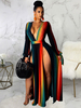 Robe Longue Imprimé Rayures à Col Décolleté en V avec Manches Longues Amples Coupe Cintrée avec Fente Bicolores Robe de Plage Robe Maxi