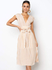 Robe Longue Imprimé Rayures avec Manches Courtes à Col Décolleté en V Coupe Cintrée à Lacets Bicolores Robe de Plage
