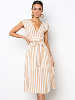 Robe Longue Imprimé Rayures avec Manches Courtes à Col Décolleté en V Coupe Cintrée à Lacets Bicolores Robe de Plage