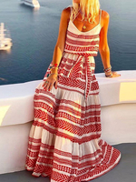 Robe Longue Imprimé Rayures Eté Sexy Femme avec Bretelles à Col Décolleté en V Coupe Cintrée à Lacets Bicolores Robe Eté Sexy