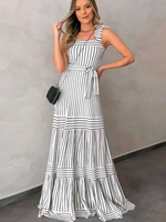 Robe Longue Imprimé Rayures Femme avec Bretelles à Col Carré Coupe Cintrée à Lacets Bas Evasée Bicolores Robe de Plage Robe Maxi