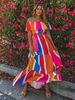 Robe Longue Imprimé Rayures Femme avec Manches Courtes Volantes Coupe Cintrée à Lacets Bas Evasée