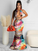 Robe Longue Imprimé Robe de Sirène Eté Femme Sexy avec Bretelles à Col Décolleté en V Coupe Cintrée à Lacets Bicolores Robe de Plage