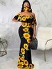 Robe Longue Imprimé Tournesol avec Masque Femme Sexy à Col Décolleté avec Manches Courtes Coupe Cintrée Robe de Sirène Bicolores Robe Longue Sexy