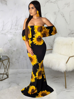 Robe Longue Imprimé Tournesol Femme Sexy à Col Décolleté avec Manches Courtes Coupe Cintrée Robe de Sirène Bicolores Robe Longue Sexy