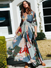 Robe Longue Imprimés à Col Décolleté en V avec Manches Mi-longues Coupe Cintrée avec Boutons Bas Evasée Multicolores Robe Eté Longue Sexy