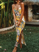 Robe Longue Imprimés avec Bretelles à Col Décolleté en V Coupe Cintrée avec Fente Bicolores Sexy
