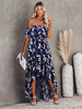 Robe Longue Imprimés Eté Femme avec Manches Courtes avec Epaule Dénudées Coupe Cintrée Bas Evasée avec Traîne Bicolores Robe Longue Sexy