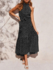 Robe Longue Imprimés Eté Sexy en Mousselines à Col Rond avec Epaule Dénudée Coupe Cintrée Bas Evasée Bicolores Robe Eté Sexy