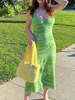 Robe Longue Imprimés Femme Eté Sexy avec Bretelles à Col Décolleté en V Coupe Cintrée avec Dos Nu Bicolores Robe Eté Sexy