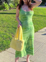 Robe Longue Imprimés Femme Eté Sexy avec Bretelles à Col Décolleté en V Coupe Cintrée avec Dos Nu Bicolores Robe Eté Sexy