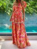 Robe Longue Imprimés Florale Longue avec Bretelles à Col Revers avec Manches Courtes Amples Coupe Cintrée à Lacets Bas Evasée Multicolores Robe Longue Sexy