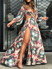 Robe Longue Imprimés Florales à Col Décolleté en V avec Manches Longues Amples avec Fente Bas Evasée Bicolores Robe Eté Robe de Plage Sexy