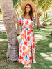 Robe Longue Imprimés Florales en Mousselines avec Manches courtes Epaule Dénudée Coupe Cintrée à Lacets Bas Evasée Multicolores Robe Eté Sexy