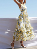 Robe Longue Imprimés Florales en Mousselines Femmes à Col Rond sans Manches Coupe Cintrée Bas Evasée Multicolores Robe Sexy Eté