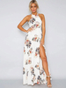 Robe Longue Imprimés Florales Eté Femme avec Bretelle à Col Rond sans Manches Coupe Cintrée Fente Latérale Multicolores