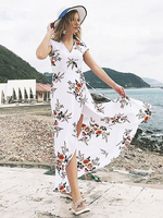 Robe Longue Imprimés Florales Eté Femme avec Manches Courtes à Col V Coupe Cintrée à Lacets avec Fente Multicolores Robe Eté Sexy