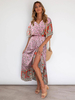 Robe Longue Imprimés Florales Femme à Col V avec Manches Courtes Coupe Cintrée Bas Evasée Multicolores Robe Eté Sexy