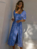 Robe Longue Imprimés Florales Femme Eté à Col Carré avec Manches Courtes Amples Coupe Cintrée avec Fente Bicolores Robe Eté Sexy