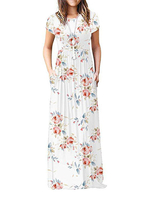 Robe Longue Imprimés Florales Femme Eté avec Manches Courtes à Col Rond Coupe Cintrée Bas Evasée avec Poches Robe Droite Robe Maxi