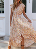 Robe Longue Imprimés Florales Femme Eté en Mousselines à Col V avec Manches Courtes Volantes Coupe Cintrée à Lacets Bas Evasée Bicolores Robe Eté Sexy