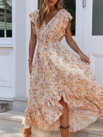Robe Longue Imprimés Florales Femme Eté en Mousselines à Col V avec Manches Courtes Volantes Coupe Cintrée à Lacets Bas Evasée Bicolores Robe Eté Sexy