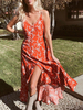 Robe Longue Imprimés Florales Femme Eté Sexy avec Bretelles à Col V Coupe Cintrée avec Fente Bicolores Robe Eté Sexy